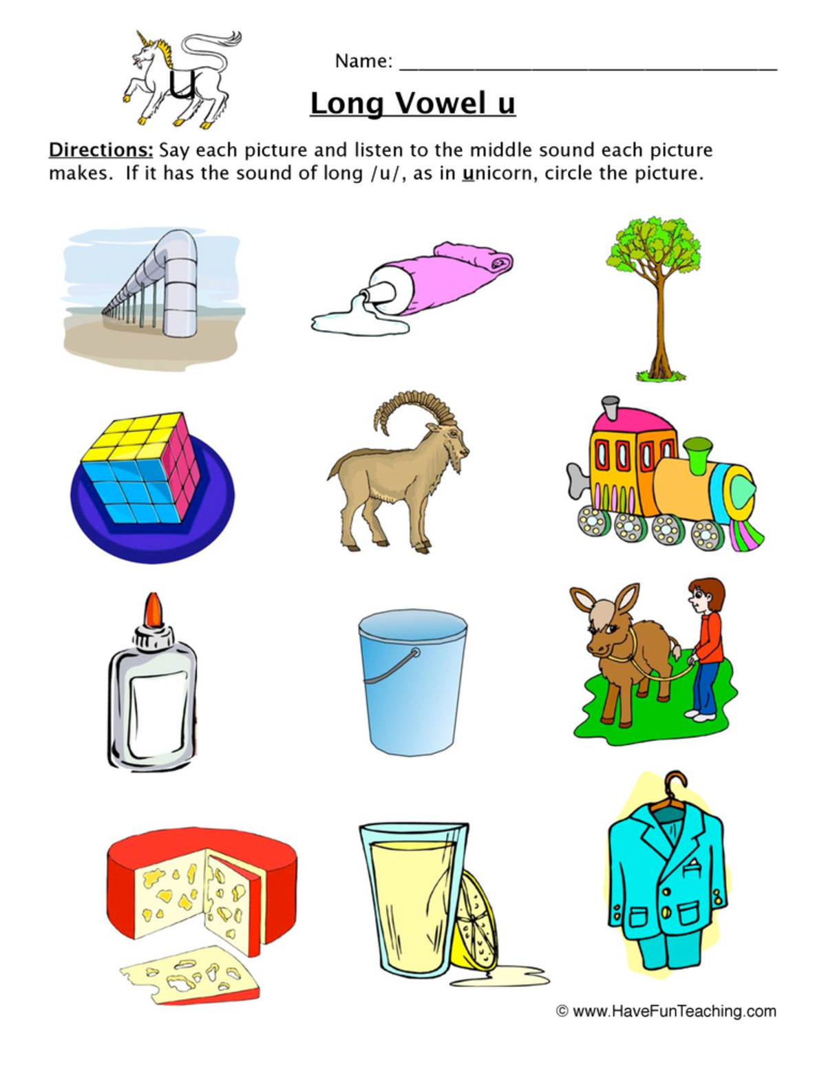 An educational teaching resource from Have Fun Teaching entitled Circling Long Vowel Sounds U Worksheet downloadable at Teach Simple.