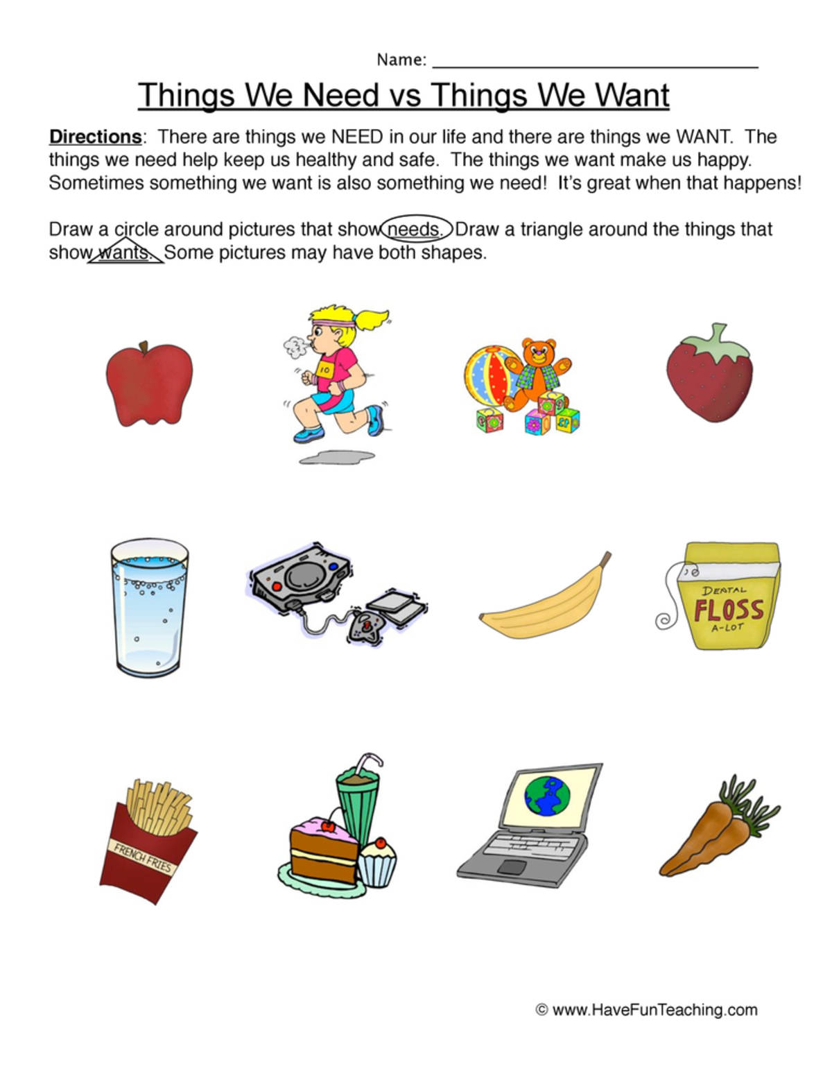 An educational teaching resource from Have Fun Teaching entitled Circling Needs Wants Worksheet downloadable at Teach Simple.