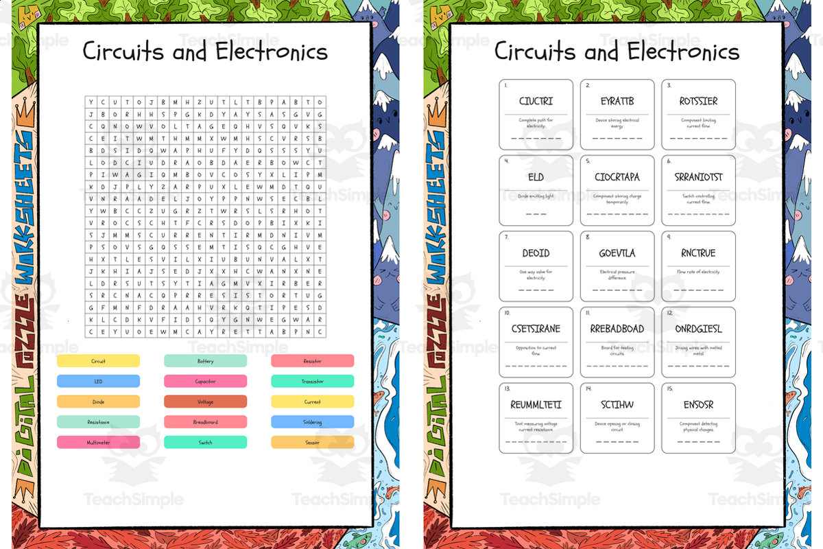 An educational teaching resource from Lapiiin Art Activities entitled Circuits and Electronics word search, scramble and crossword puzzle downloadable at Teach Simple.