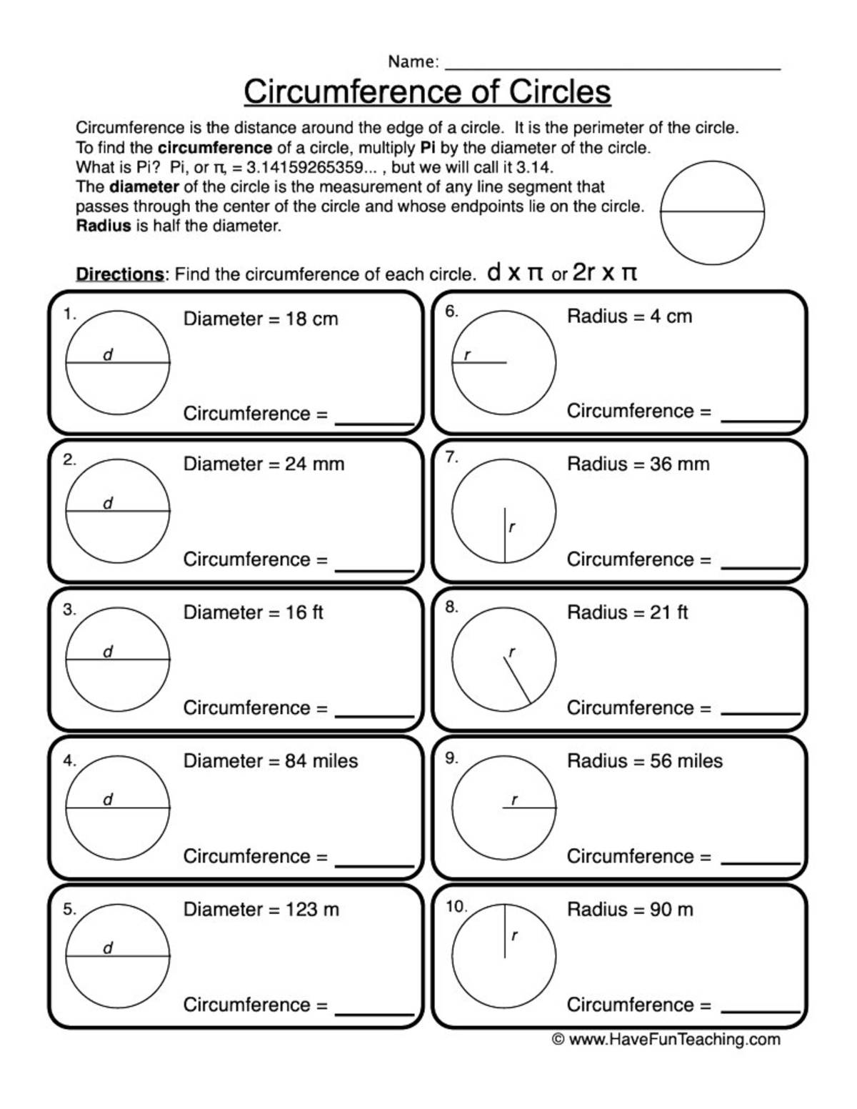 An educational teaching resource from Have Fun Teaching entitled Circumference of Circles – Radius & Diameter Worksheet downloadable at Teach Simple.