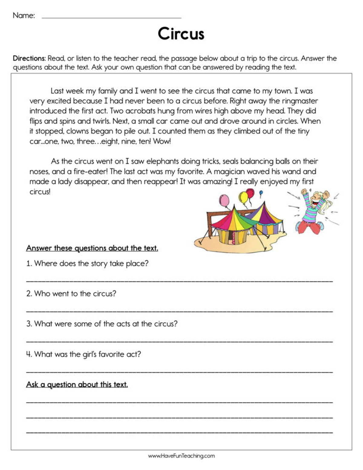 An educational teaching resource from Have Fun Teaching entitled Circus Reading Comprehension Worksheet downloadable at Teach Simple.