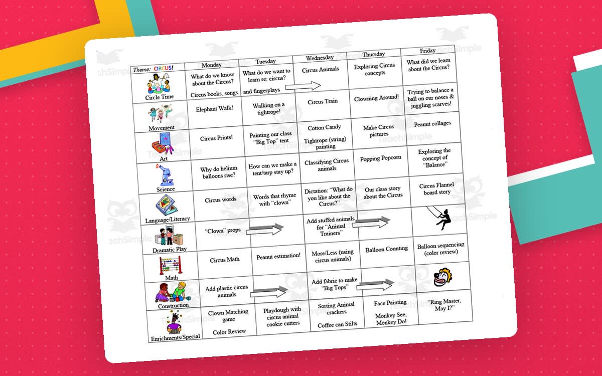 An educational teaching resource from Learning Foundations entitled Circus Week-Long Lesson Plan Template downloadable at Teach Simple.