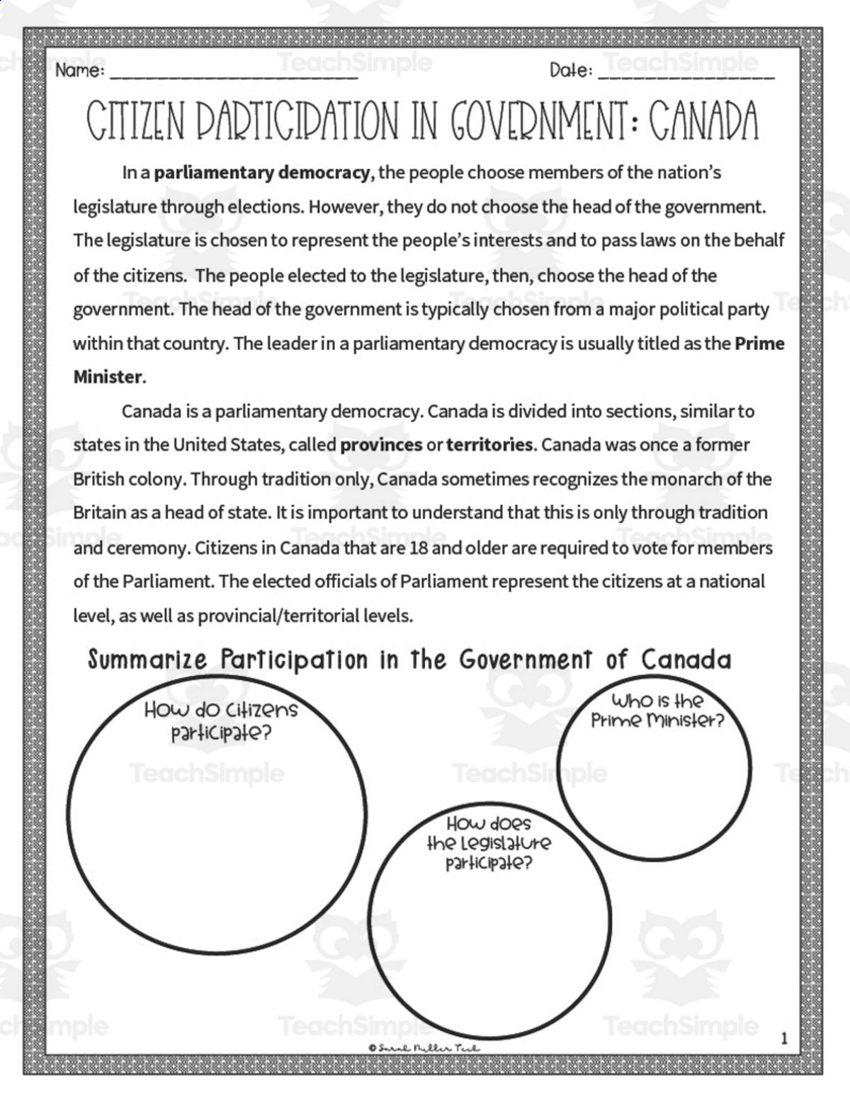 An educational teaching resource from Sarah Miller Tech entitled Citizen Participation in Government: Canada Reading Packet downloadable at Teach Simple.