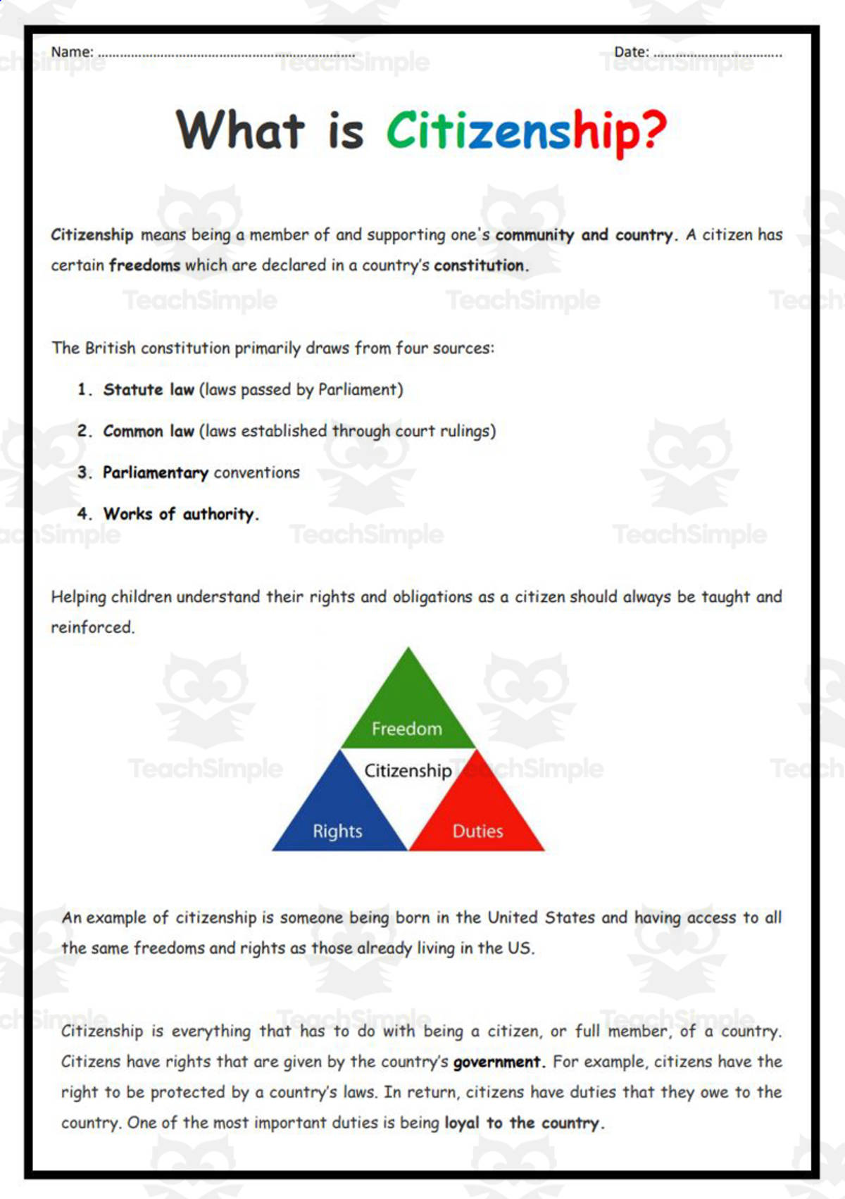 An educational teaching resource from Elementary Resources 4 U entitled Citizenship downloadable at Teach Simple.