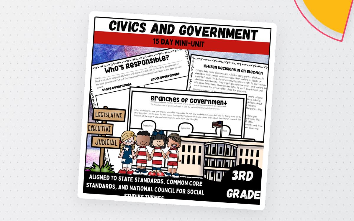 An educational teaching resource from Kel's Klass entitled Civics and Government 3rd Grade (15 Day) Unit downloadable at Teach Simple.