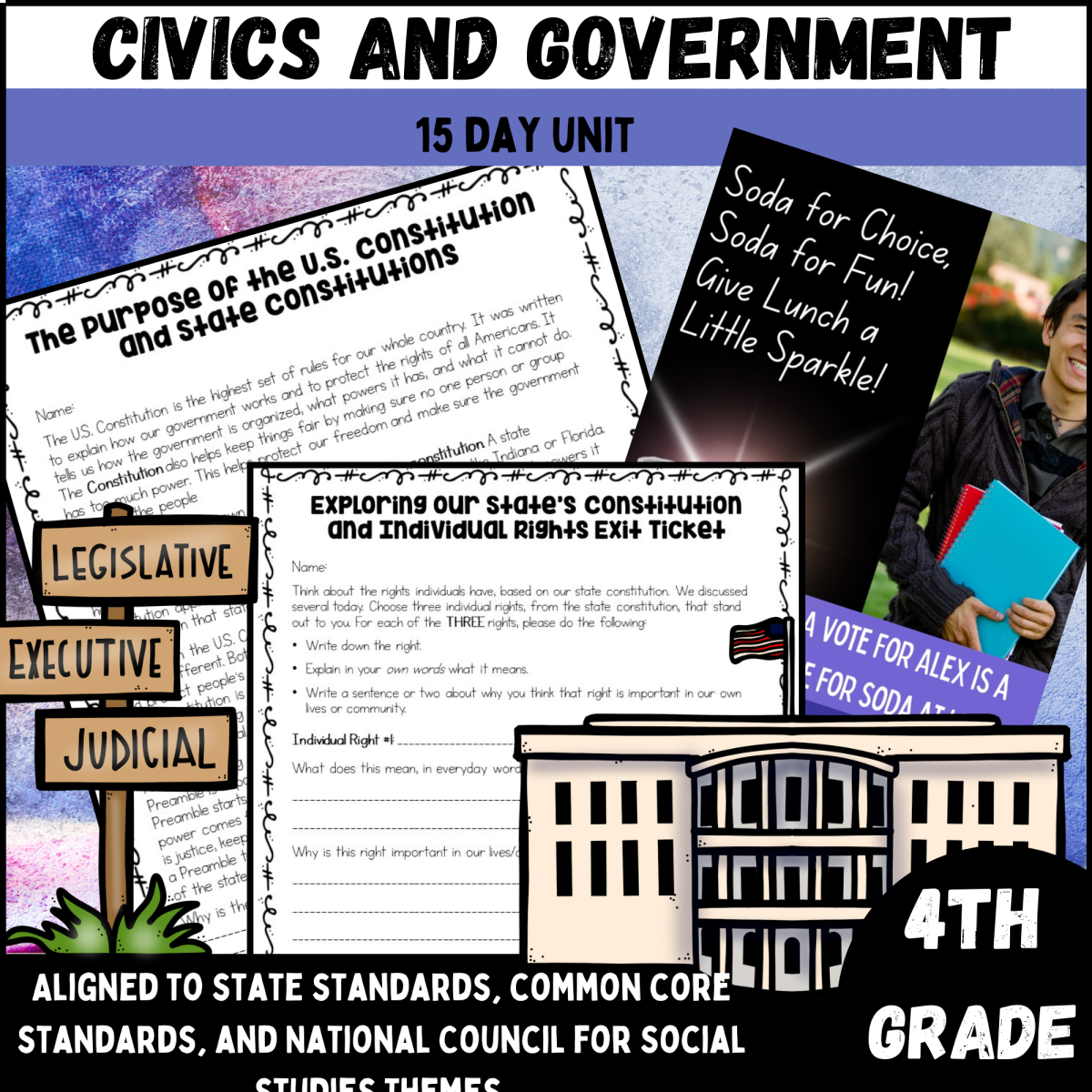 An educational teaching resource from Kel's Klass entitled Civics and Government 4th Grade (15 Day) Unit downloadable at Teach Simple.