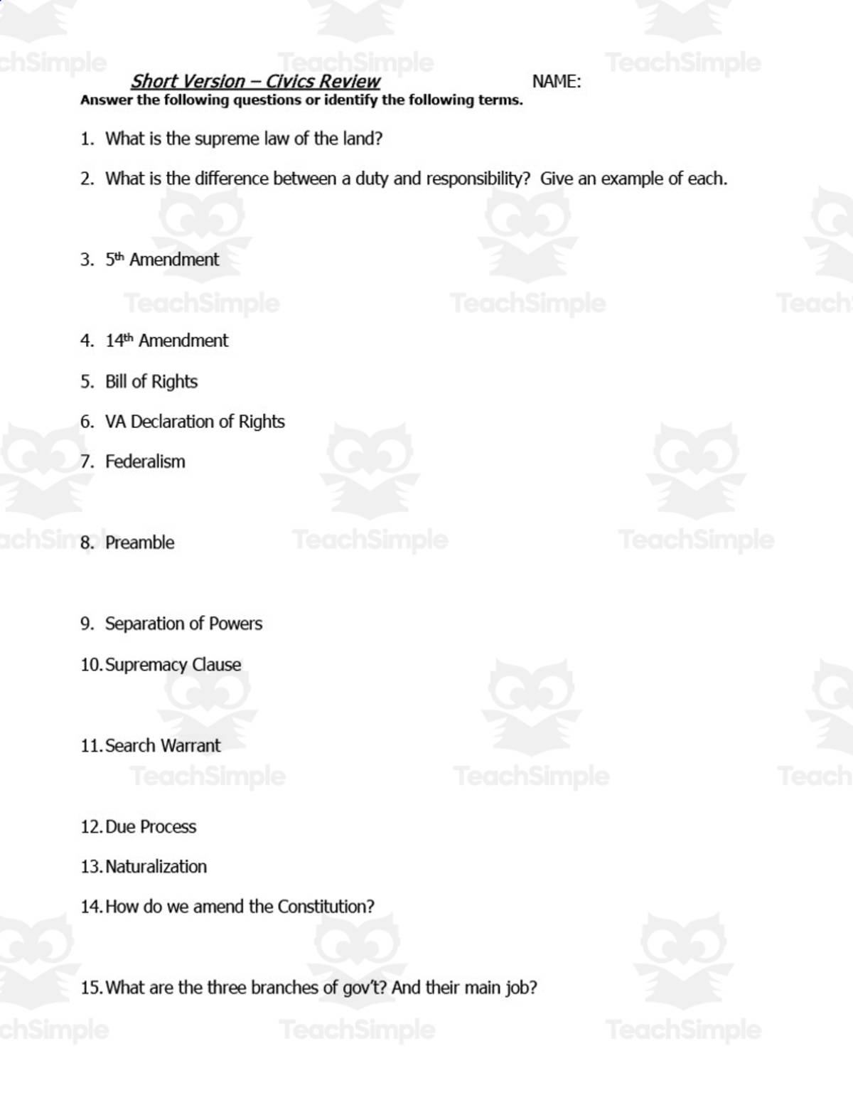 An educational teaching resource from History with DeLong entitled Civics Review Packet 2 downloadable at Teach Simple.