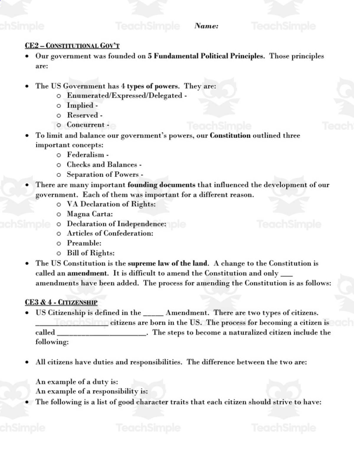 An educational teaching resource from History with DeLong entitled Civics Review Sheet downloadable at Teach Simple.