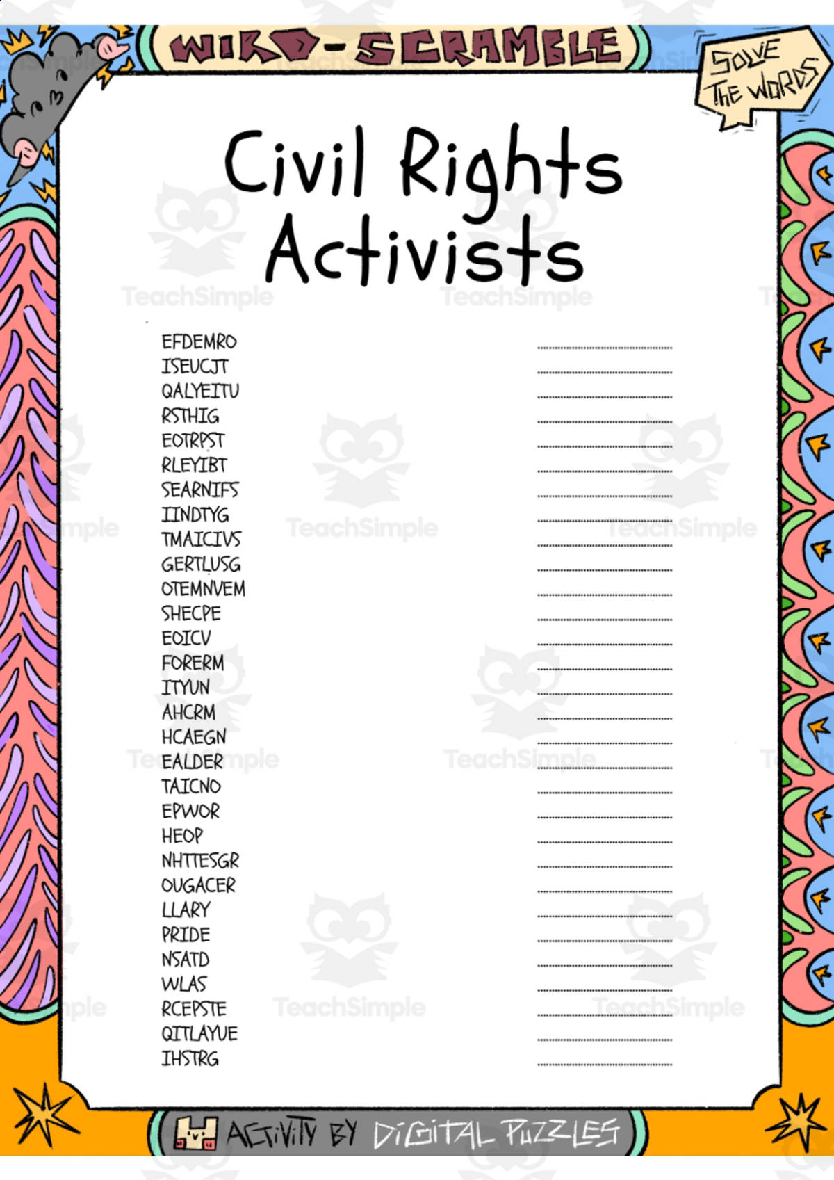 An educational teaching resource from Lapiiin Art Activities entitled Civil Rights Activists word Scramble puzzle worksheet activity downloadable at Teach Simple.