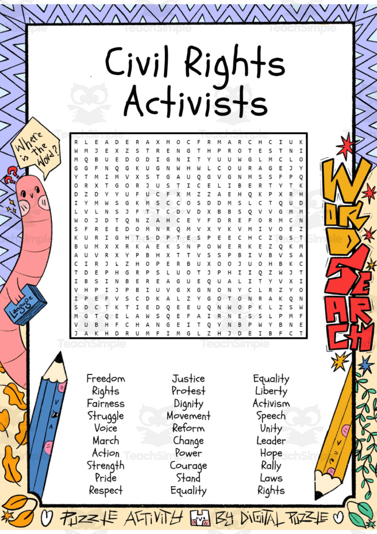 An educational teaching resource from Lapiiin Art Activities entitled Civil Rights Activists word search puzzle worksheet activities downloadable at Teach Simple.