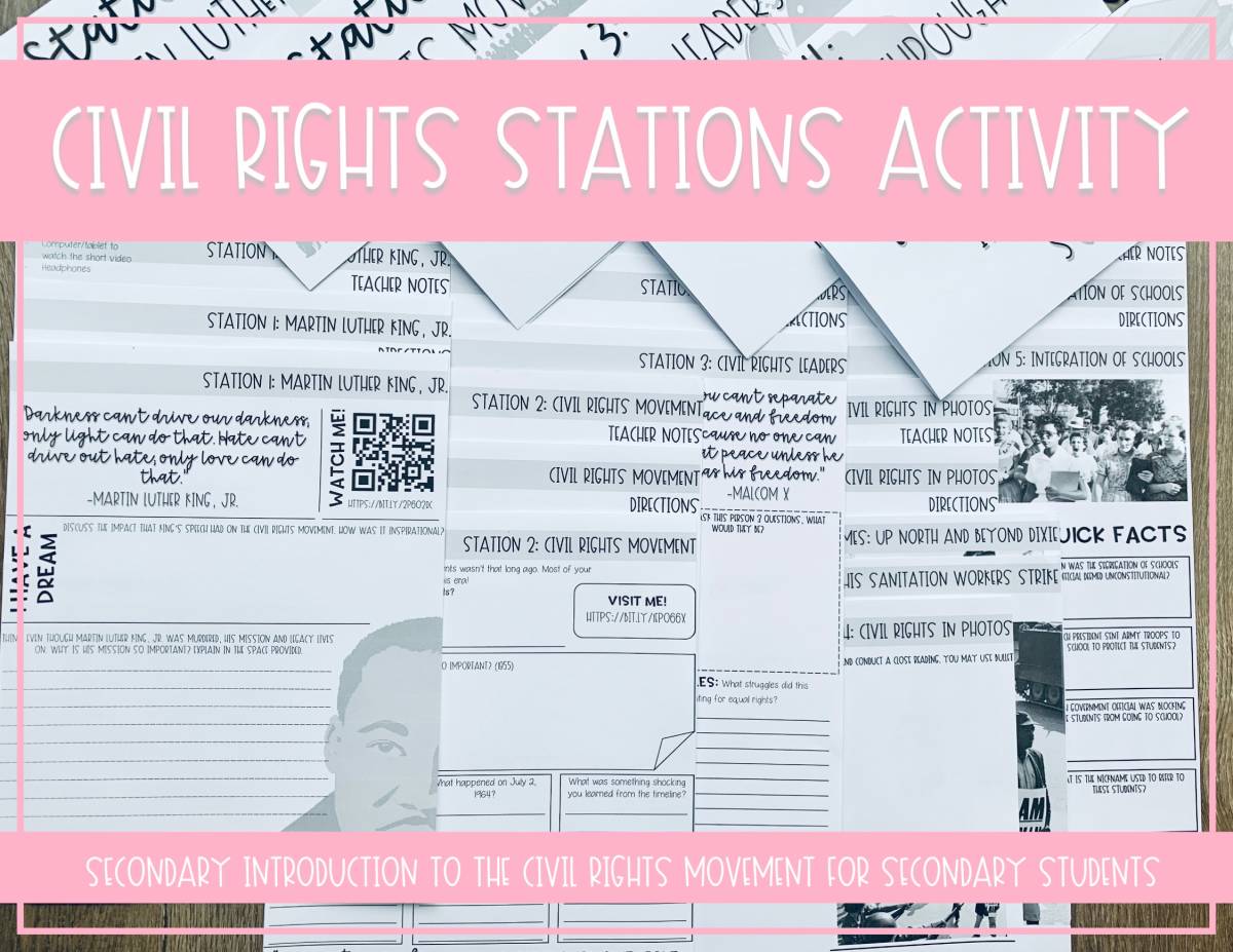 An educational teaching resource from Fairways and Chalkboards entitled Civil Rights Movement Stations Activity downloadable at Teach Simple.