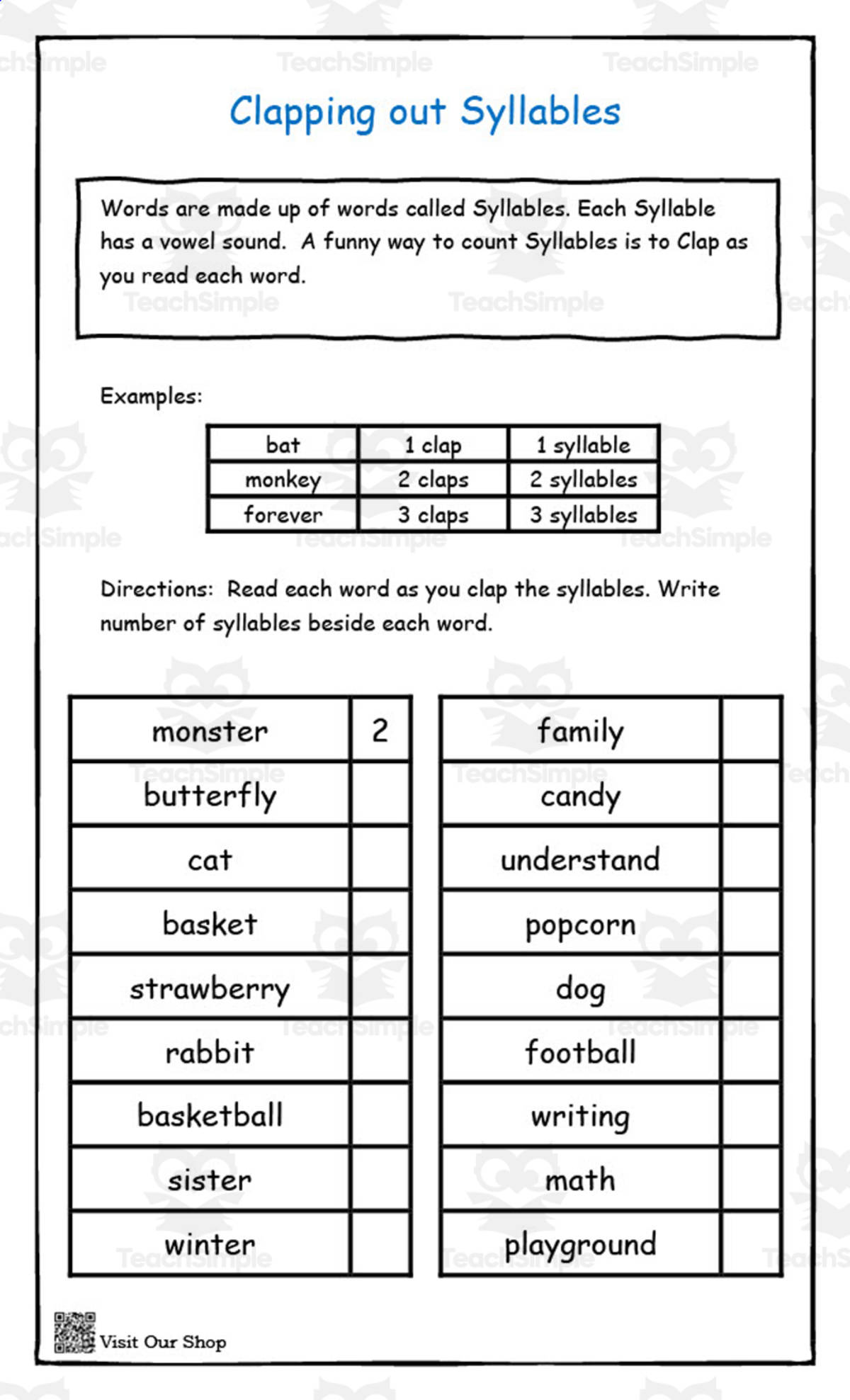 An educational teaching resource from KD's Kids School Shop entitled Clapping Out Syllables Printable downloadable at Teach Simple.