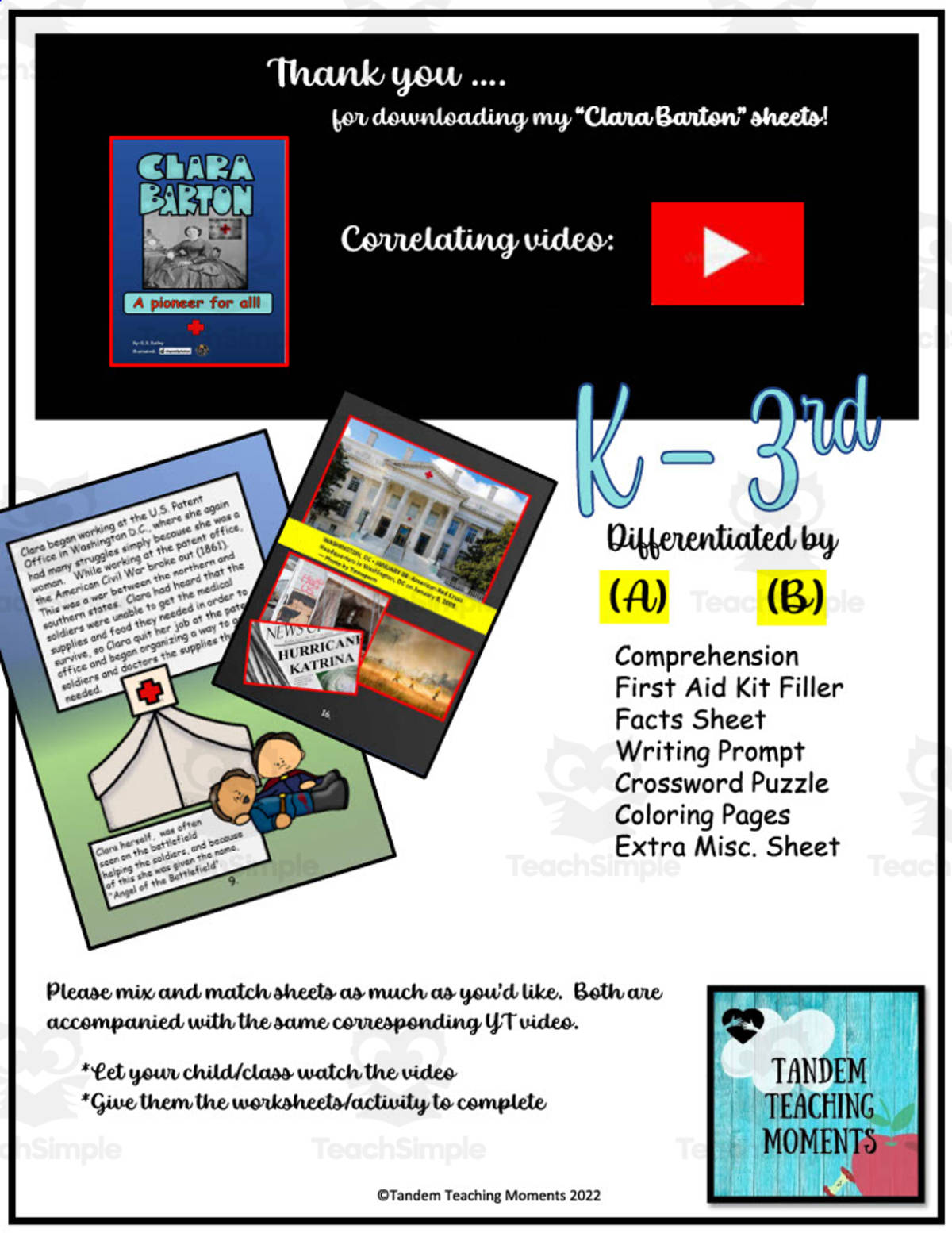 An educational teaching resource from Tandem Teaching Moments entitled Clara Barton K - 3rd Grade Worksheet Packet downloadable at Teach Simple.