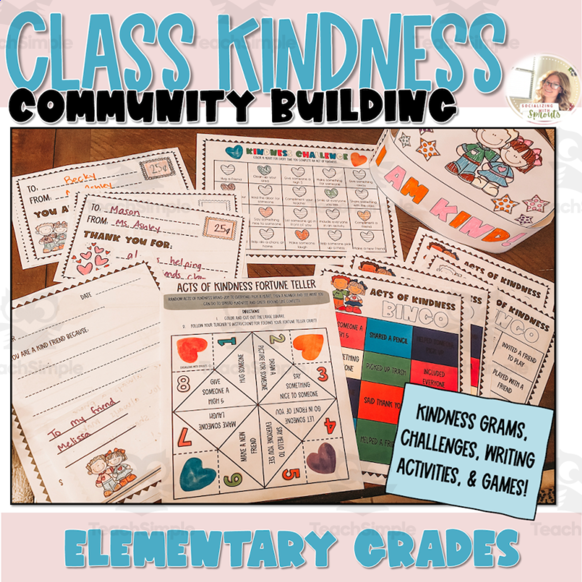 An educational teaching resource from Socializing with Sprouts entitled Class Kindness Activities, Community Building, Random Acts of Kindness downloadable at Teach Simple.