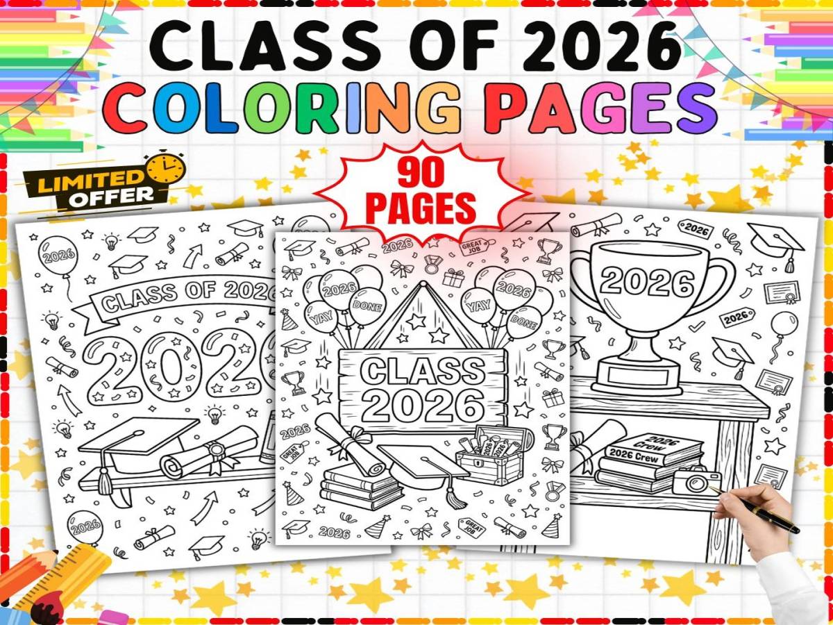 An educational teaching resource from from Tetcher to you entitled Class of 2026 Coloring Pages - 90 Graduation Sheets downloadable at Teach Simple.