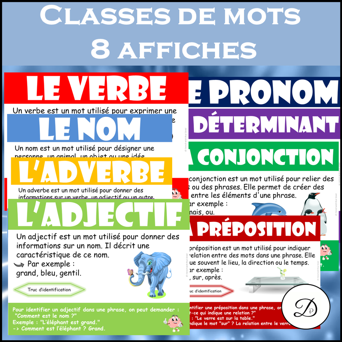 An educational teaching resource from French with Paul David entitled Classes de mots - 8 affiches / Word classes in french downloadable at Teach Simple.