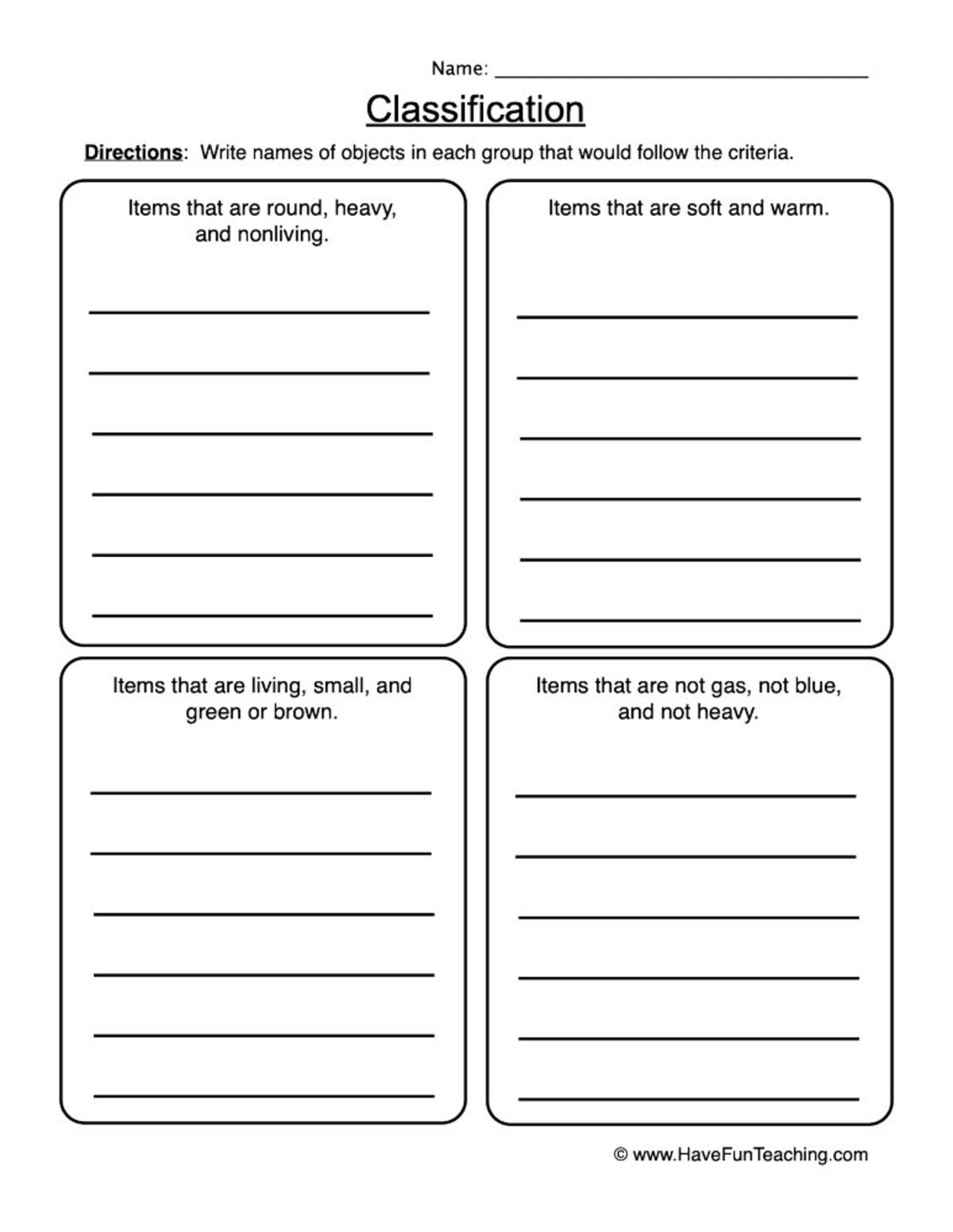 An educational teaching resource from Have Fun Teaching entitled Classifying List Worksheet downloadable at Teach Simple.