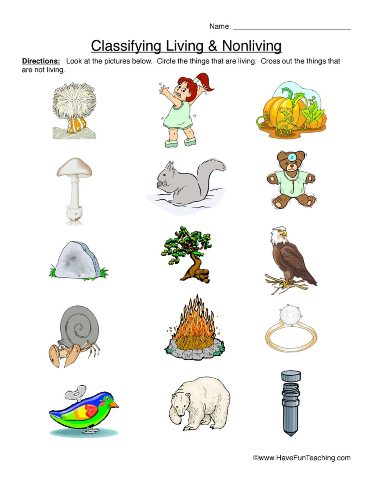 An educational teaching resource from Have Fun Teaching entitled Classifying Living and Nonliving Things Primary Version Worksheet downloadable at Teach Simple.