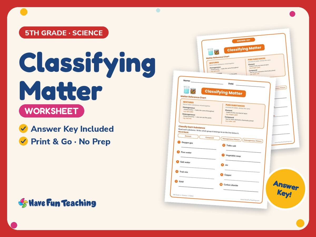 Classifying Matter Worksheet – 5th Grade Science Practice + Answer Key preview