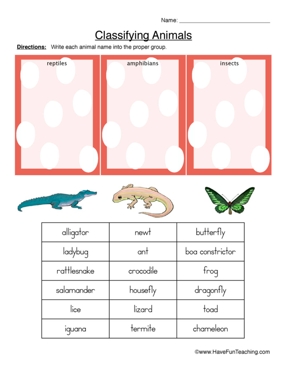 An educational teaching resource from Have Fun Teaching entitled Classifying Reptiles, Amphibians, or Insects Worksheet downloadable at Teach Simple.