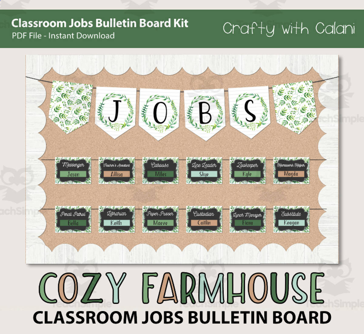 An educational teaching resource from Crafty with Calani entitled Classroom Bulletin Board: Job Sign in Farmhouse Theme downloadable at Teach Simple.