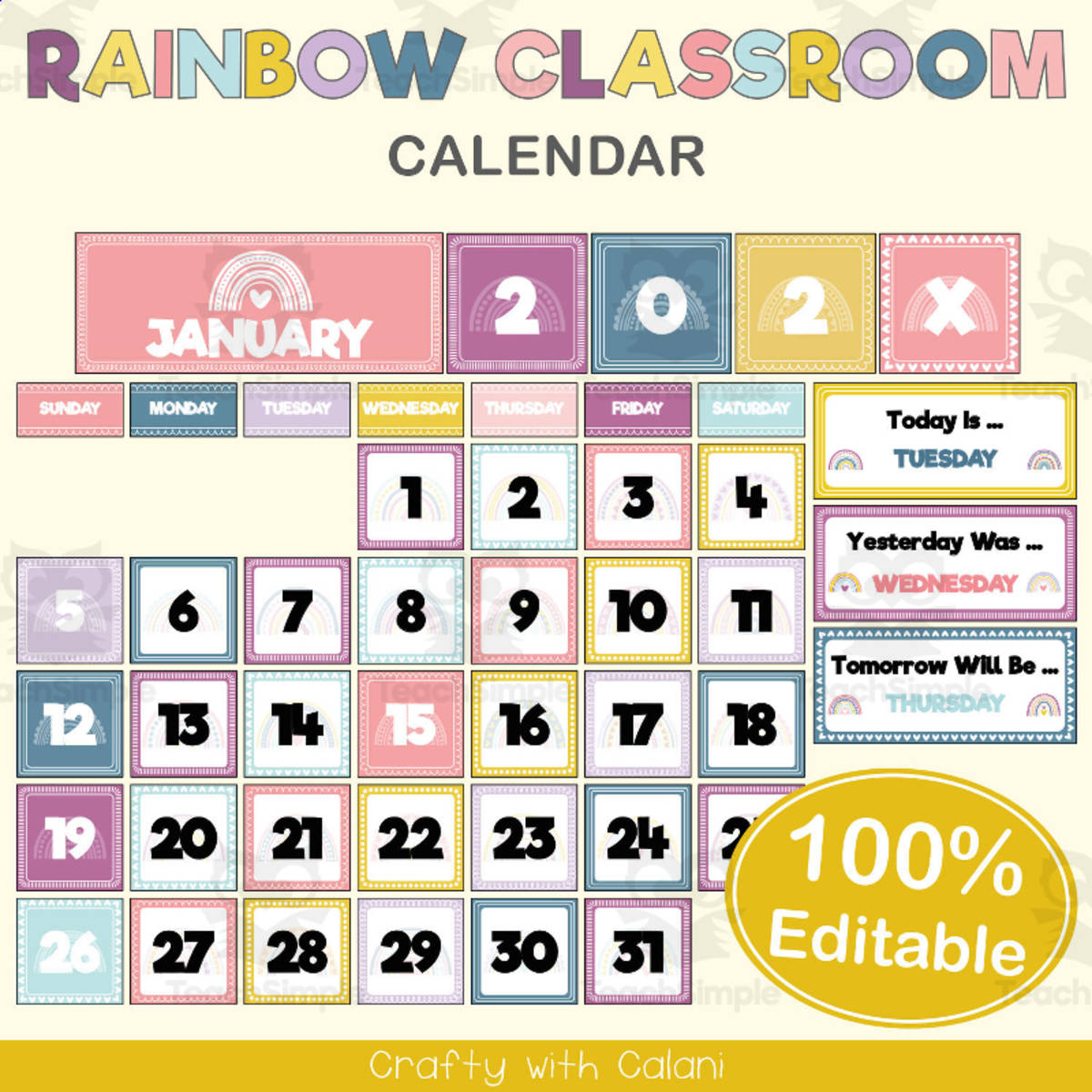 An educational teaching resource from Crafty with Calani entitled Classroom Calendar in Pastel Rainbow Theme - 100% Editable downloadable at Teach Simple.