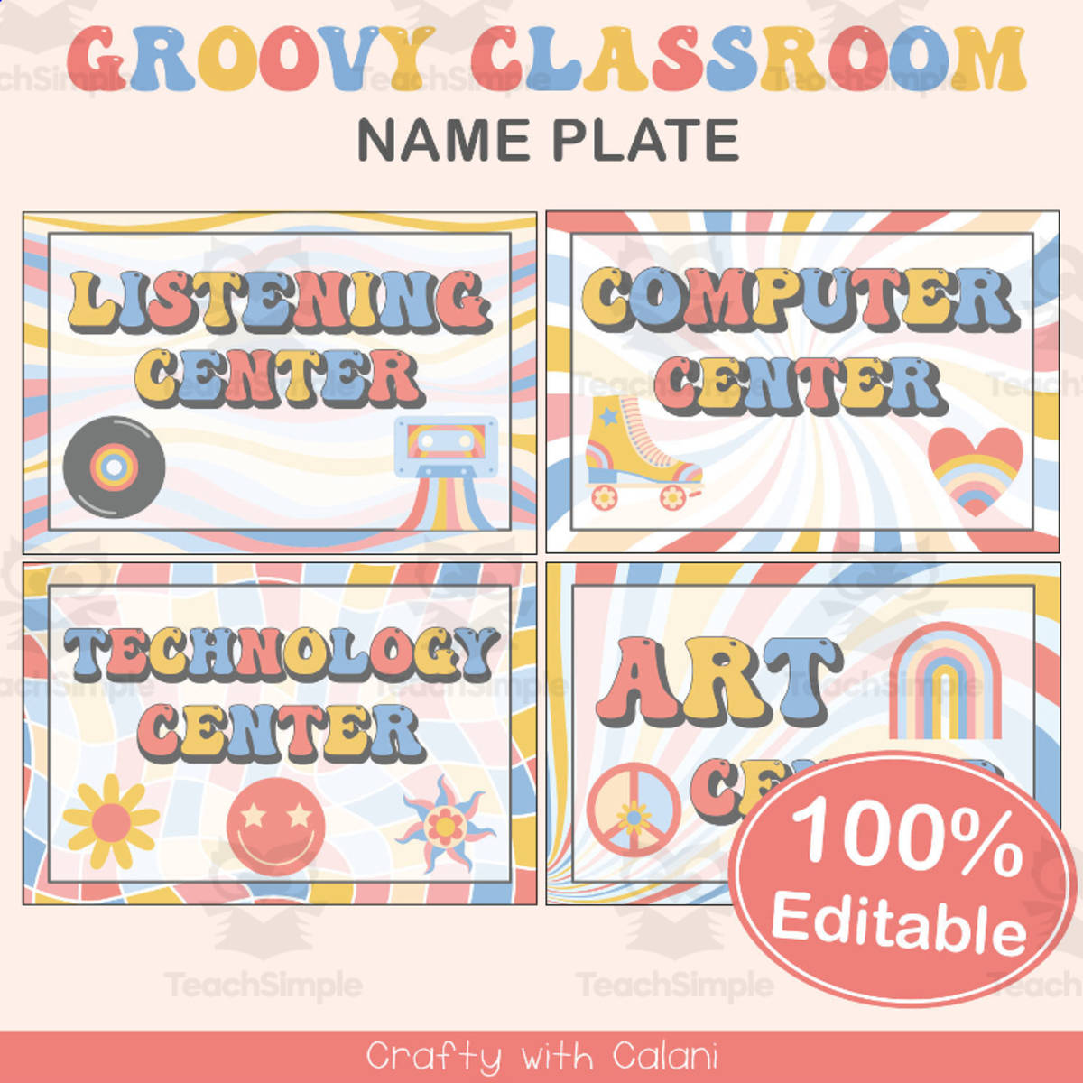 An educational teaching resource from Crafty with Calani entitled Classroom Center Sign in Groovy Theme - 100% Editable downloadable at Teach Simple.