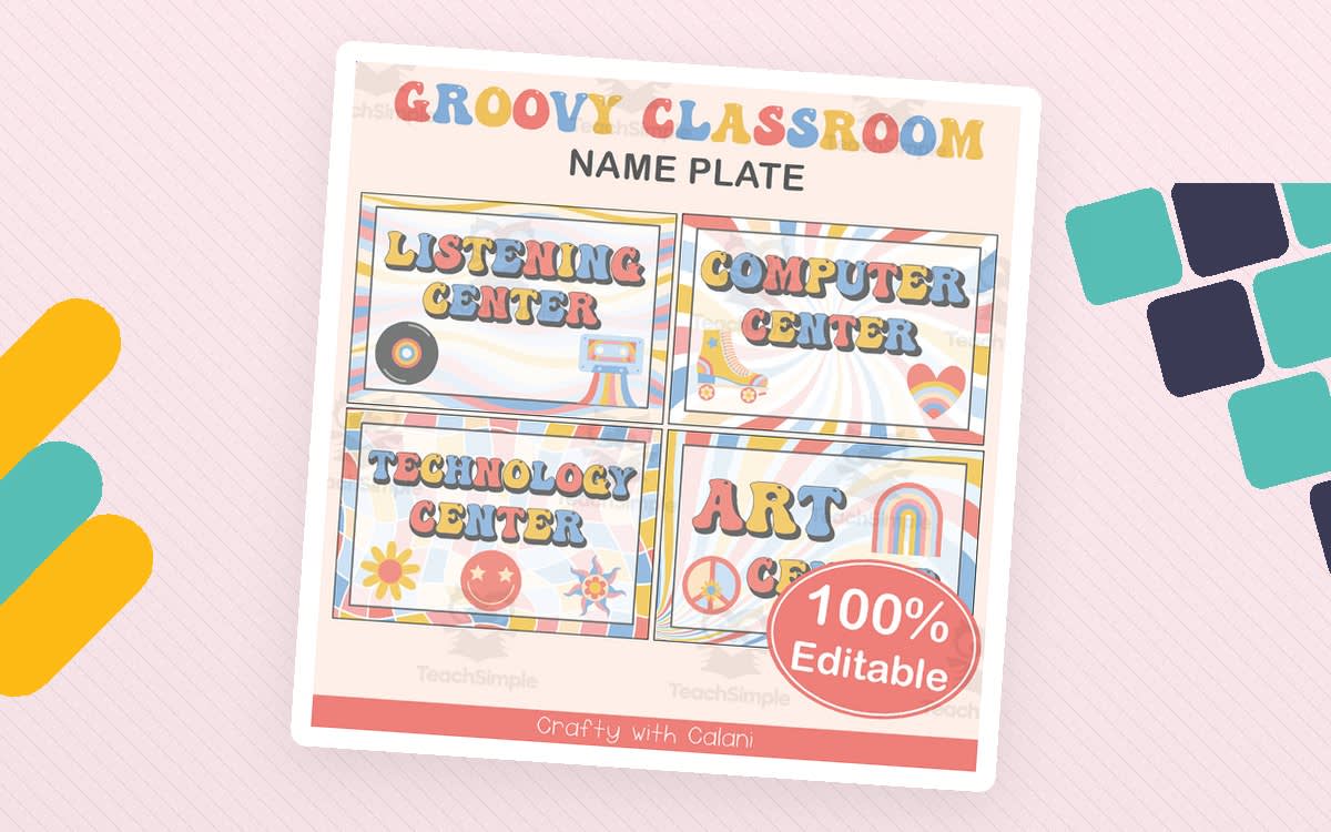 An educational teaching resource from Crafty with Calani entitled Classroom Center Sign in Groovy Theme - 100% Editable downloadable at Teach Simple.