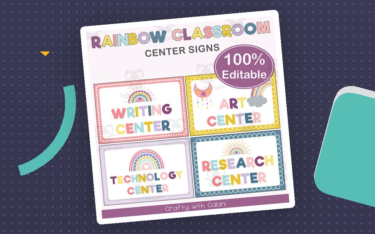 An educational teaching resource from Crafty with Calani entitled Classroom Center Sign in Rainbow Theme - 100% Editable downloadable at Teach Simple.
