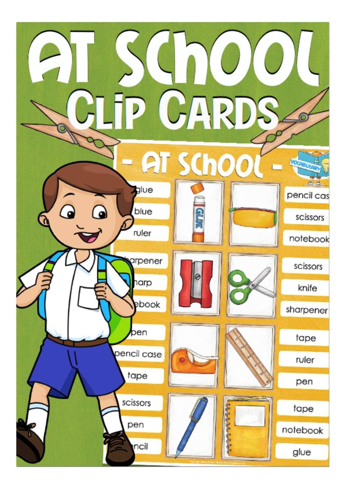 An educational teaching resource from Better Teaching Resources entitled Classroom Items Clip Cards downloadable at Teach Simple.