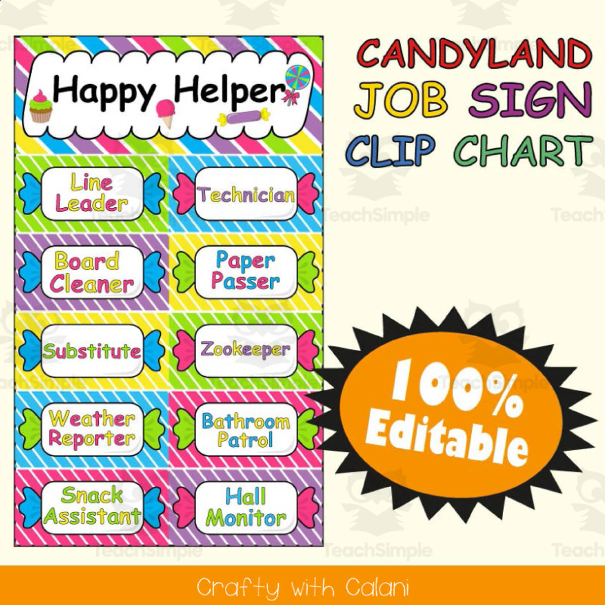 An educational teaching resource from Crafty with Calani entitled Classroom Job Sign Clip Chart in Candy Land Theme - 100% Editable downloadable at Teach Simple.