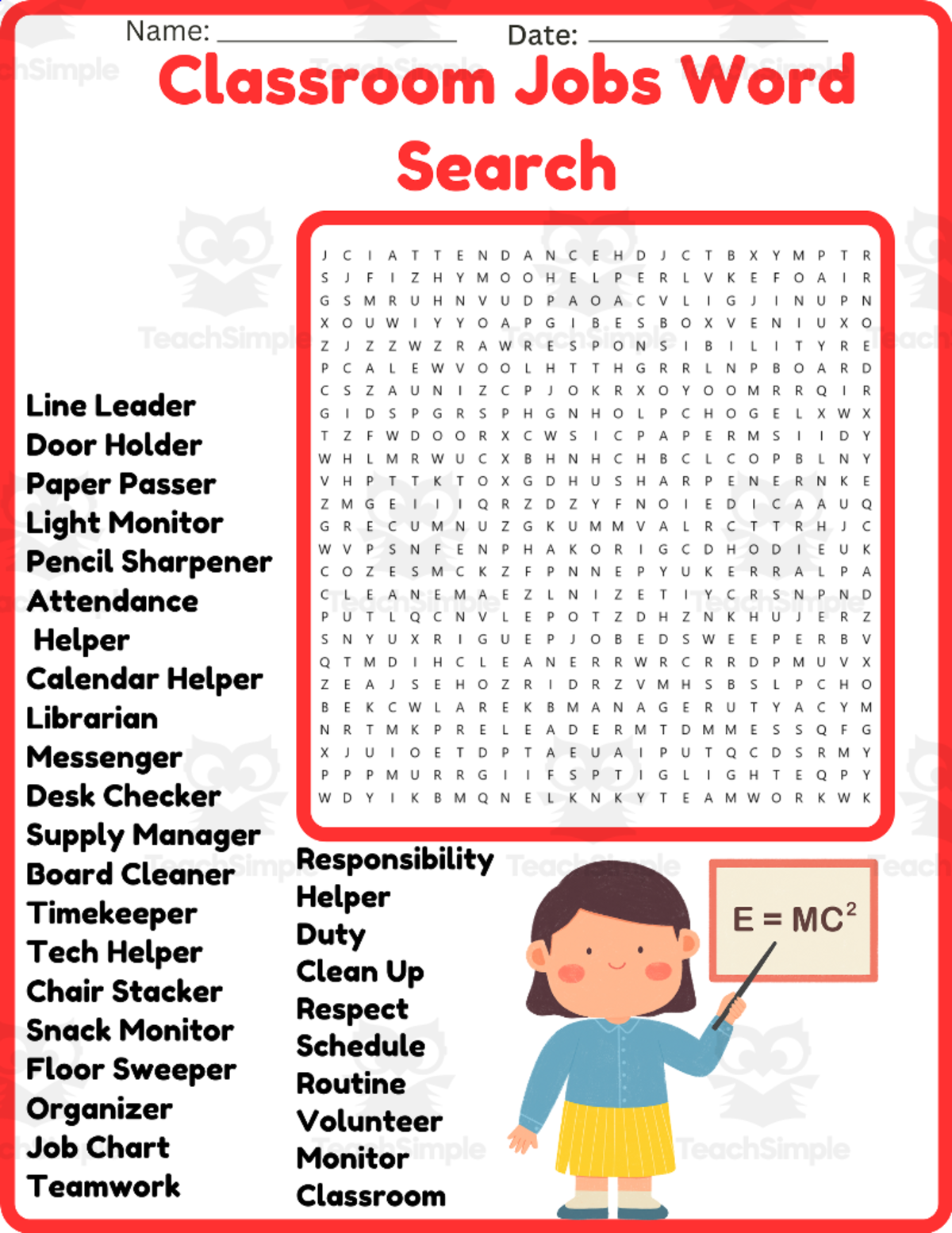 An educational teaching resource from space shope entitled Classroom Jobs Word Search Puzzle Worksheet Activities printable downloadable at Teach Simple.