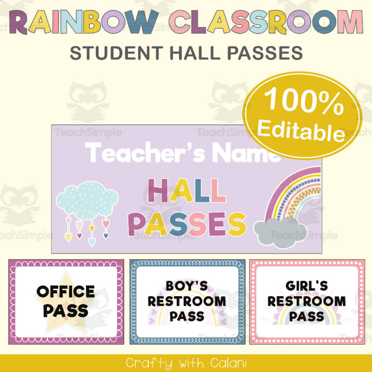 An educational teaching resource from Crafty with Calani entitled Classroom Student Hall Pass in Pastel Rainbow Theme - 100% Editable downloadable at Teach Simple.