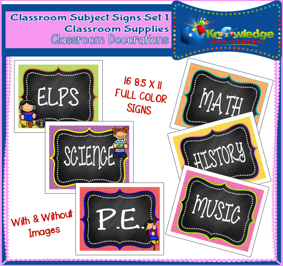 An educational teaching resource from Knowledge Box Central entitled Classroom Subject Signs Set 1 - Classroom Decorations - EBOOK downloadable at Teach Simple.