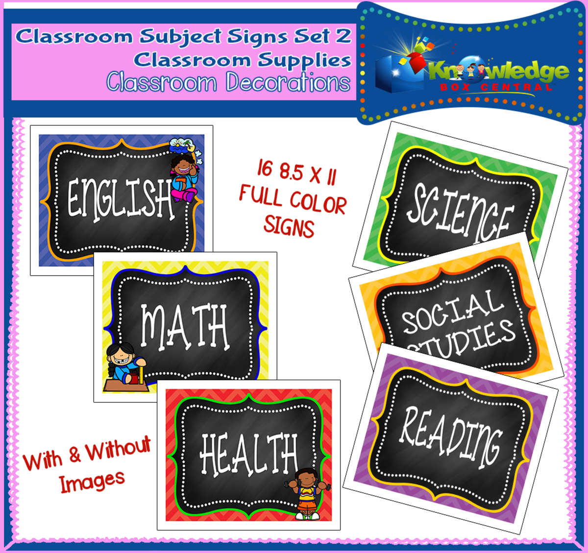 An educational teaching resource from Knowledge Box Central entitled Classroom Subject Signs Set 2 - Classroom Decorations - EBOOK downloadable at Teach Simple.