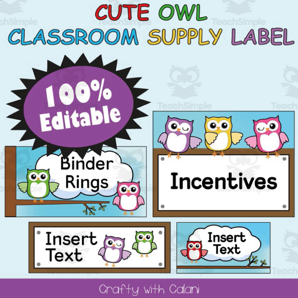 An educational teaching resource from Crafty with Calani entitled Classroom Supply Label, Editable Labels in Cute Owl Theme - 100% Editable downloadable at Teach Simple.