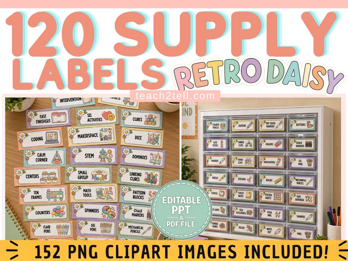 An educational teaching resource from Teach2Tell entitled Classroom Supply Labels Teacher Toolbox Labels Editable Back to School downloadable at Teach Simple.