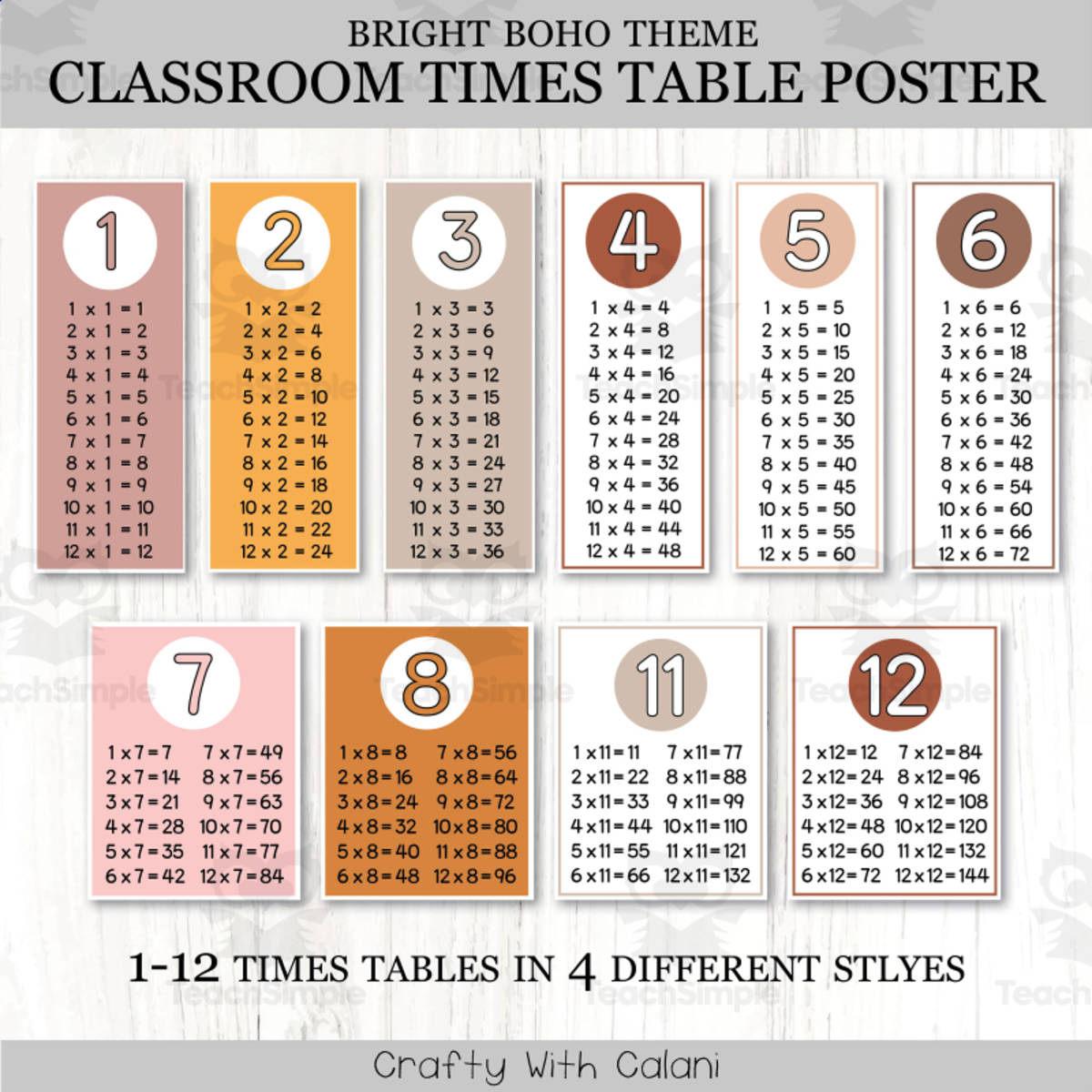An educational teaching resource from Crafty with Calani entitled Classroom Times Table Multiplication Poster, Neutral Boho Math Decor downloadable at Teach Simple.