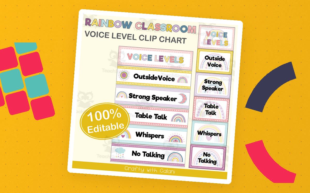 An educational teaching resource from Crafty with Calani entitled Classroom Voice Level Chart in Pastel Rainbow Theme - 100% Editable downloadable at Teach Simple.