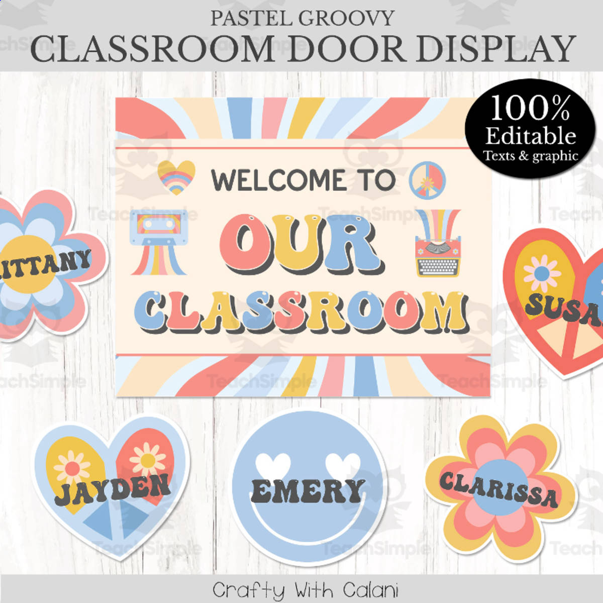 An educational teaching resource from Crafty with Calani entitled Classroom Welcome Door Sign in Pastel Groovy Theme - 100% Editable downloadable at Teach Simple.