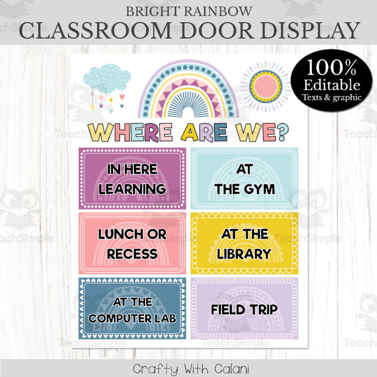 An educational teaching resource from Crafty with Calani entitled Classroom Where Are We Door Sign Pastel Rainbow Theme - 100% Editable downloadable at Teach Simple.