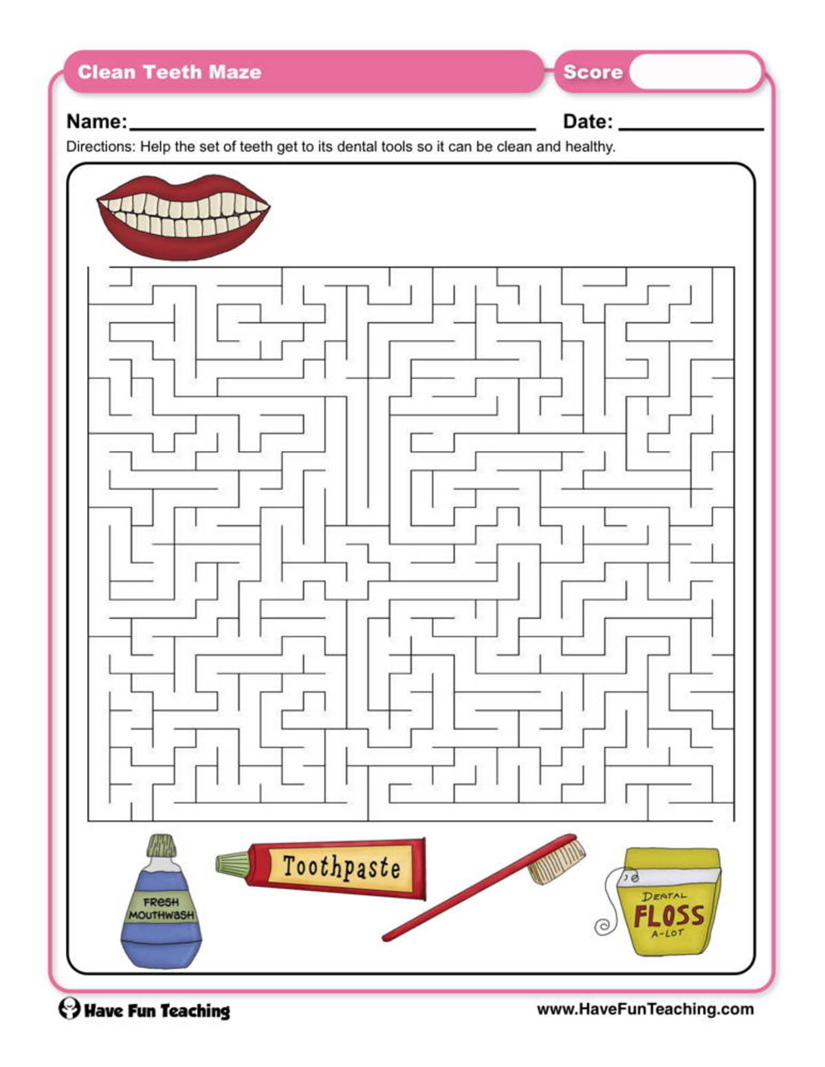 An educational teaching resource from Have Fun Teaching entitled Clean Teeth Maze Worksheet downloadable at Teach Simple.