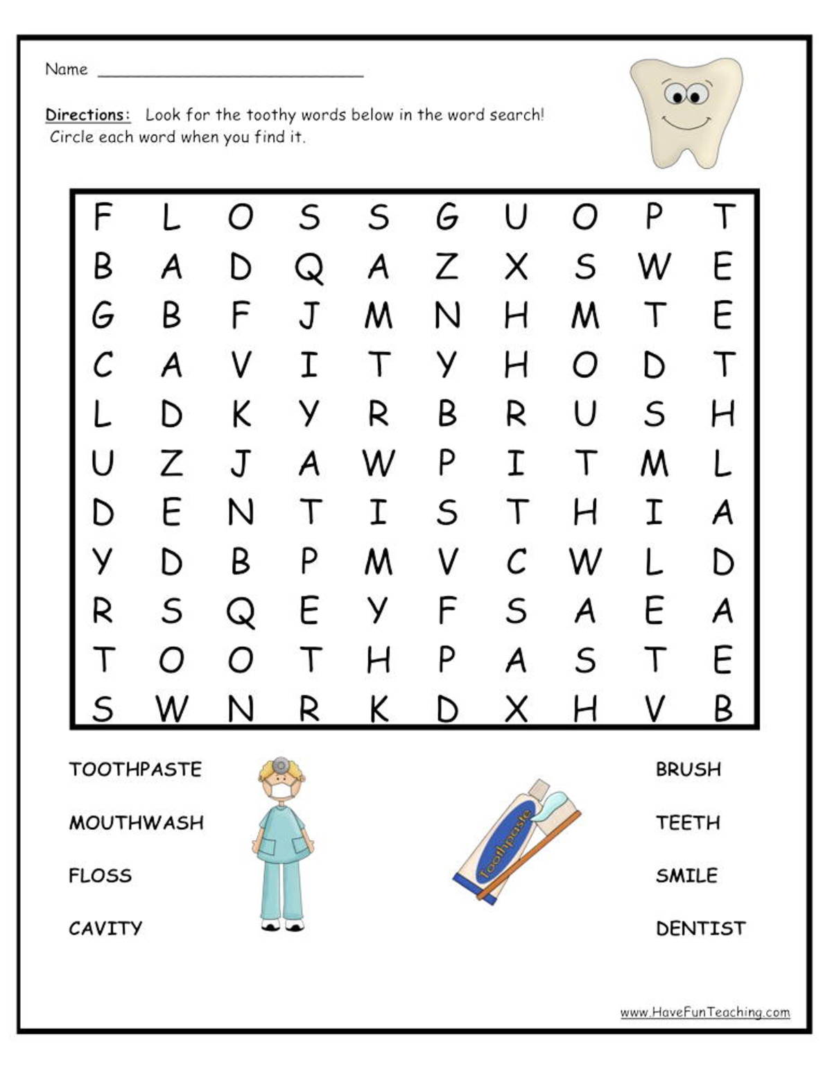 An educational teaching resource from Have Fun Teaching entitled Clean Teeth Wordsearch Worksheet downloadable at Teach Simple.