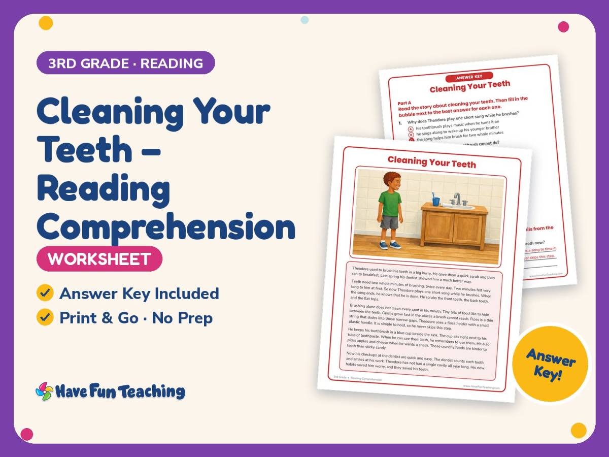 Cleaning Your Teeth – Reading Comprehension Worksheet – 3rd Grade preview