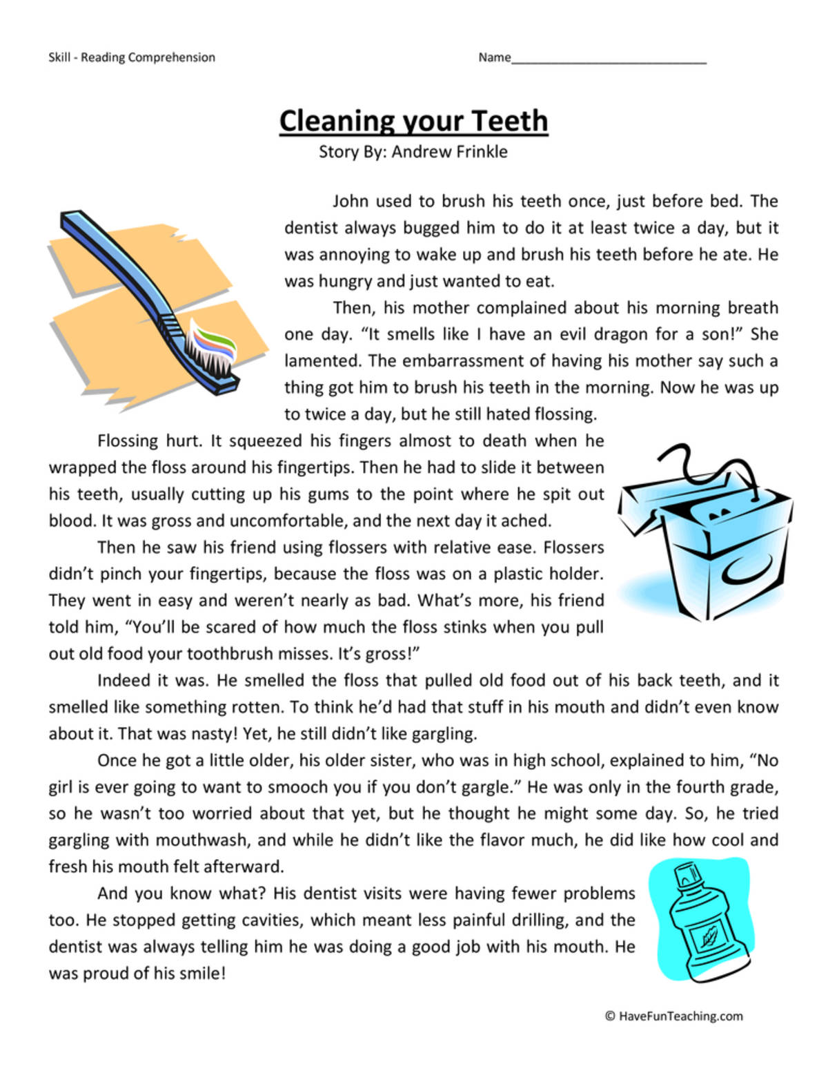 An educational teaching resource from Have Fun Teaching entitled Cleaning Your Teeth - Reading Comprehension Worksheet downloadable at Teach Simple.
