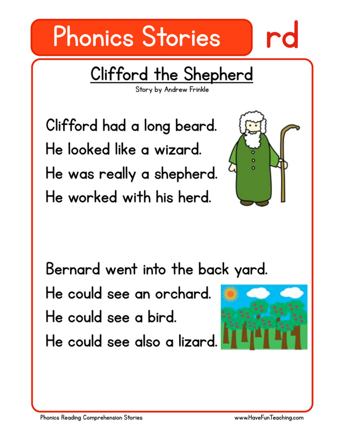 An educational teaching resource from Have Fun Teaching entitled Clifford the Shepard RD Phonics Stories Reading Comprehension Worksheet downloadable at Teach Simple.