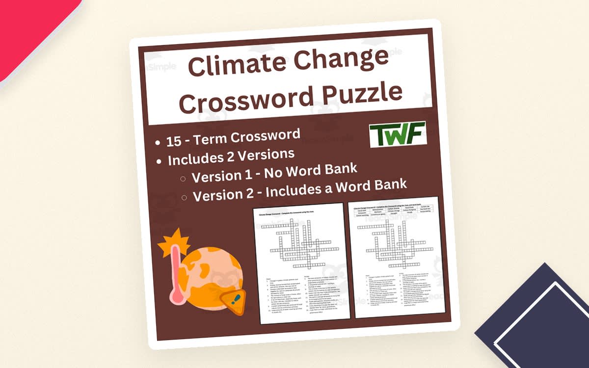 An educational teaching resource from Teach With Fergy entitled Climate Change Crossword Puzzle Activity downloadable at Teach Simple.