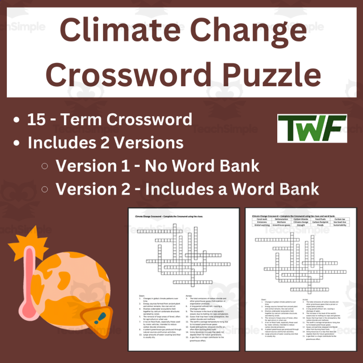 An educational teaching resource from Teach With Fergy entitled Climate Change Crossword Puzzle Activity downloadable at Teach Simple.