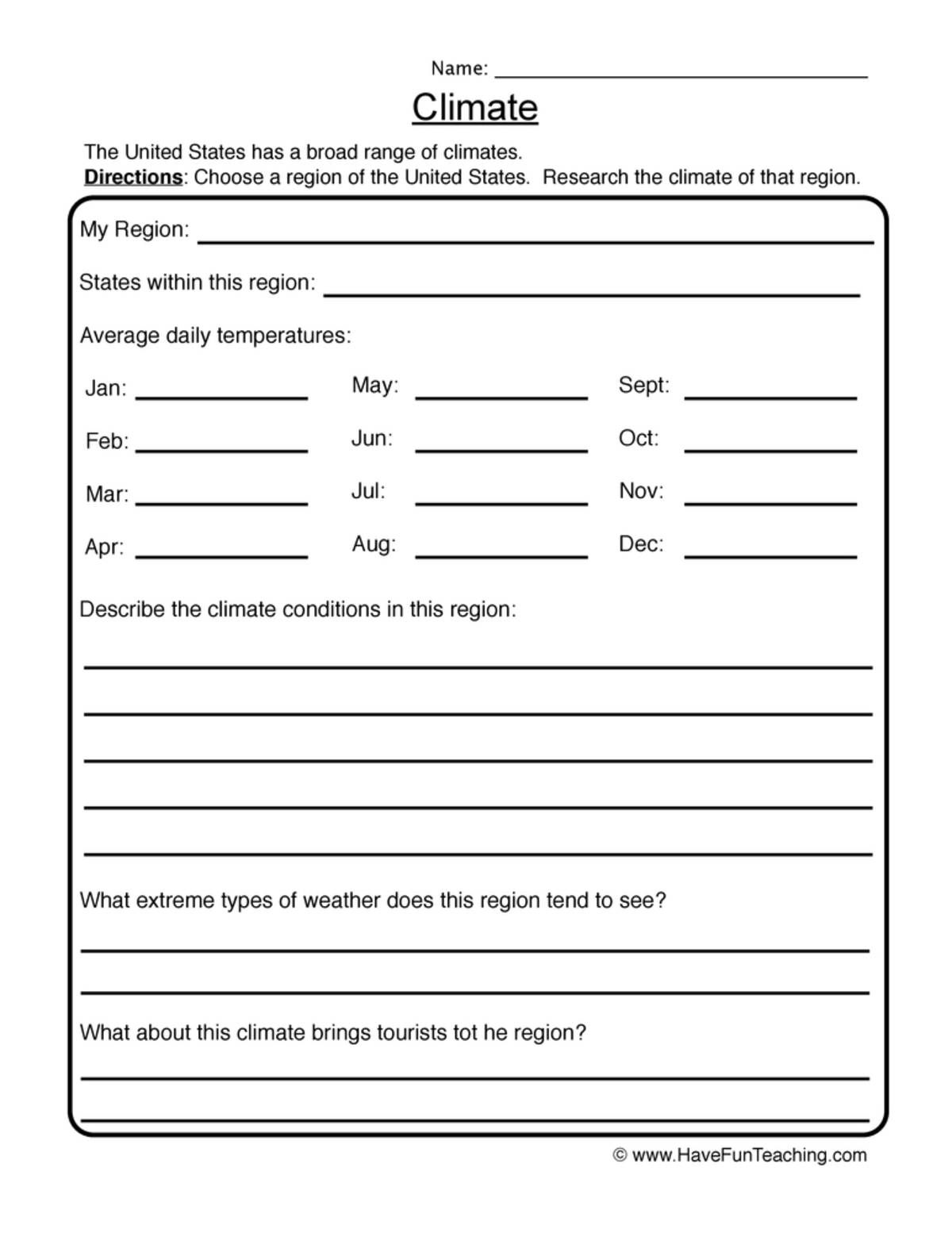 An educational teaching resource from Have Fun Teaching entitled Climate Research Worksheet downloadable at Teach Simple.