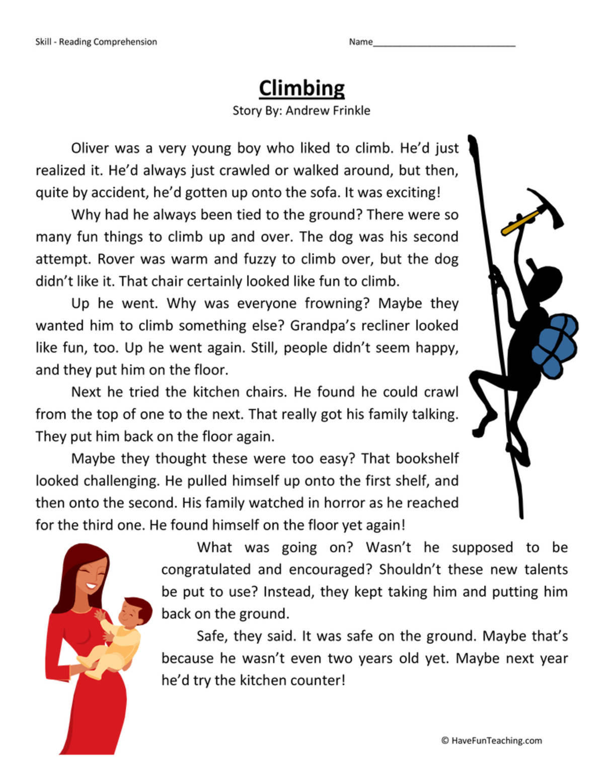 An educational teaching resource from Have Fun Teaching entitled Climbing - Reading Comprehension Worksheet downloadable at Teach Simple.